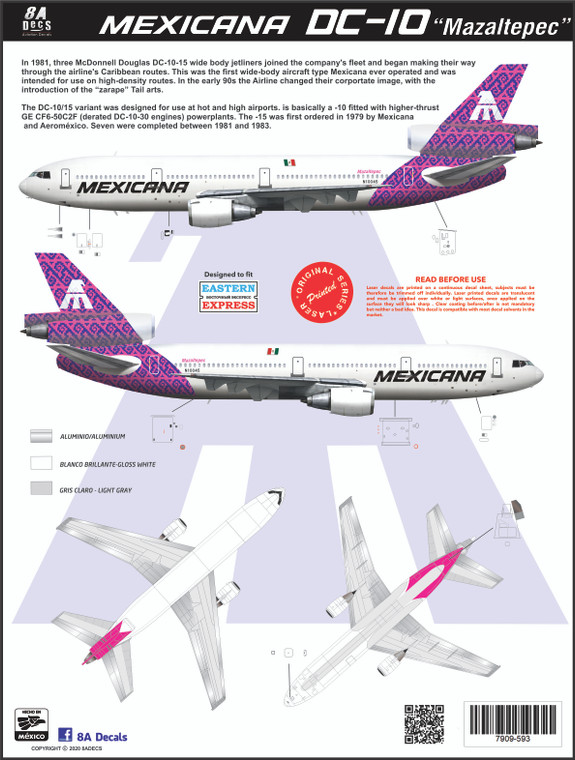 1/144 Scale Decal Mexicana DC-10 PINK Mazaltepec