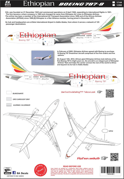1/144 Scale Decal Ethiopian 787-8