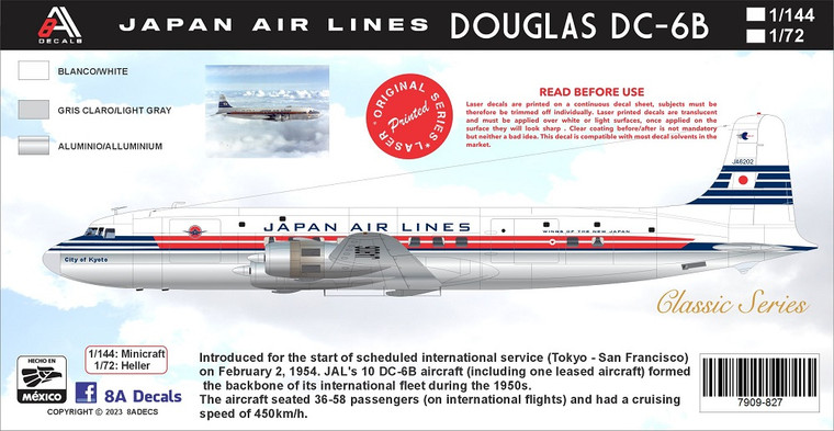1/144 Scale Decal Japan Air Lines DC-6B