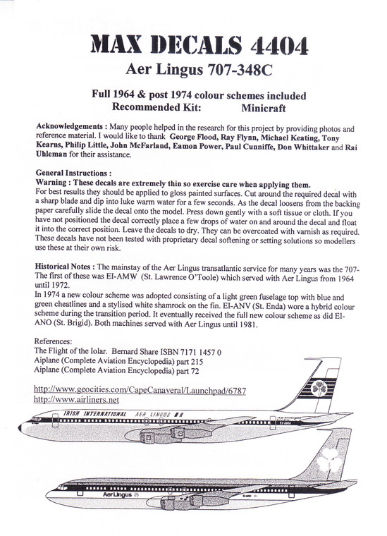 1/144 Scale Decal Aer Lingus / Irish International 707-348C 2 Liveries