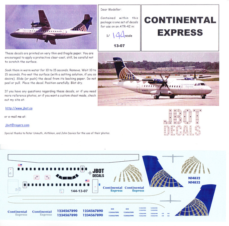 1/144 Scale Decal Continental Express ATR-42
