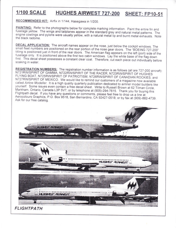 1/100 Scale Decal Hughes Airwest 727-200