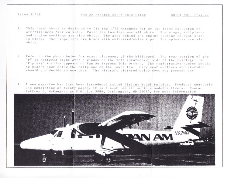 144 Scale Decal Pan Am Express DHC-6 Twin Otter