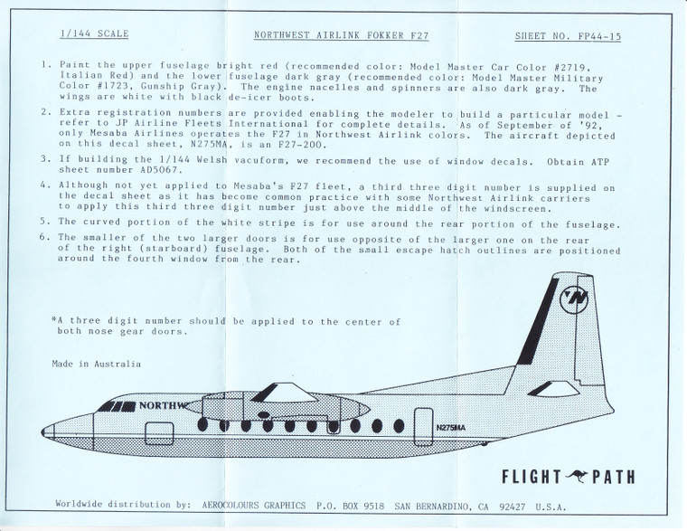 1/144 Scale Decal Northwest Airlink F-27