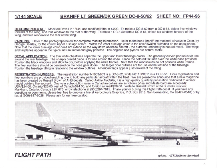 1/144 Scale Decal Braniff International DC8-50 / 62 Light Green / Dark Green