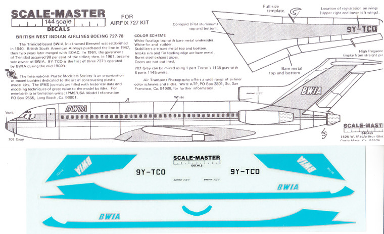1/144 Scale Decal BWIA 727-100