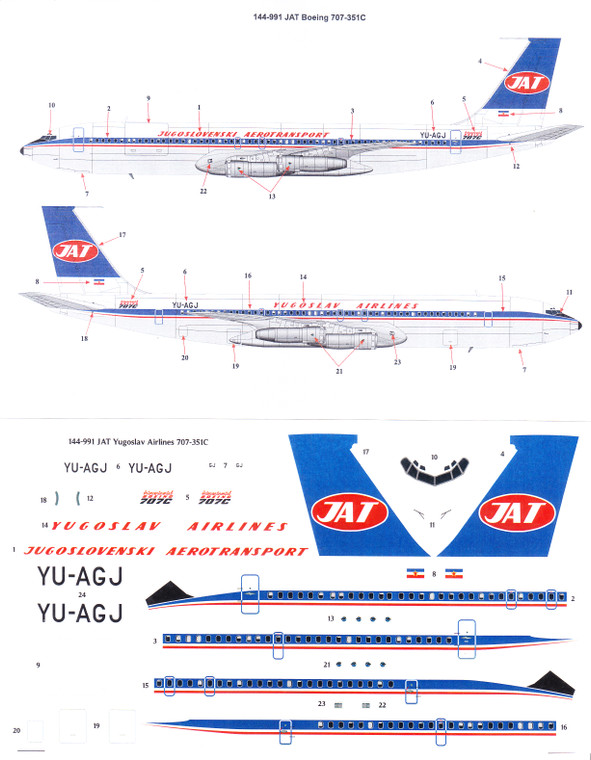 1/144 Scale Decal JAT Yugoslav Airlines 707-351C
