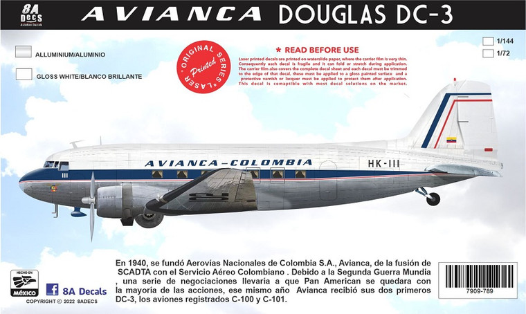 1/144 Scale Decal Avianca-Colombia DC-3