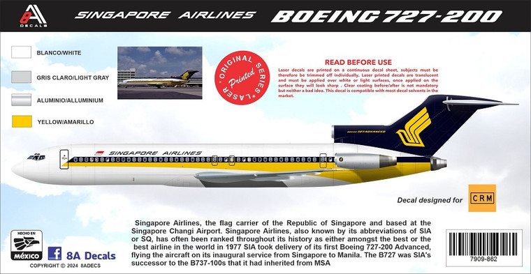 1/144 Scale Decal Singapore Airlines 727-200
