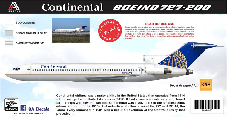 1/144 Scale Decal Continental 727-200