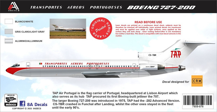 1/144 Scale Decal TAP Portugal 727-200 RETRO