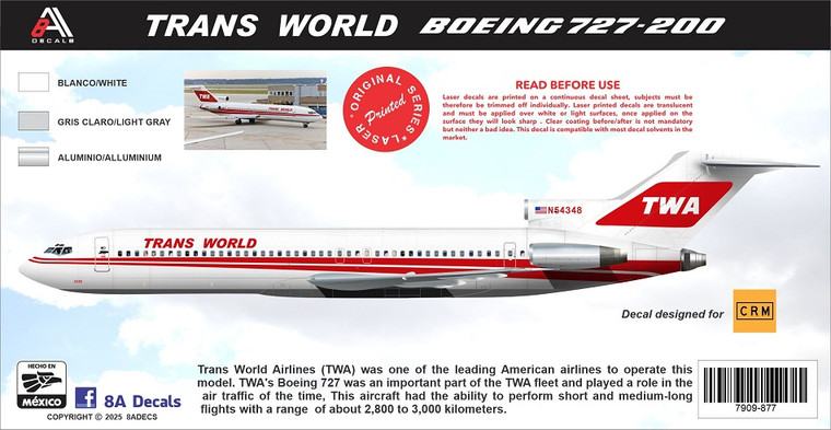 1/144 Scale Decal Trans World 727-200