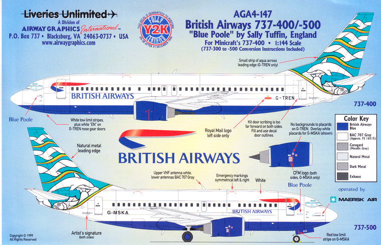 1/144 Scale Decal British Airways 737-400 / 500 Blue Poole