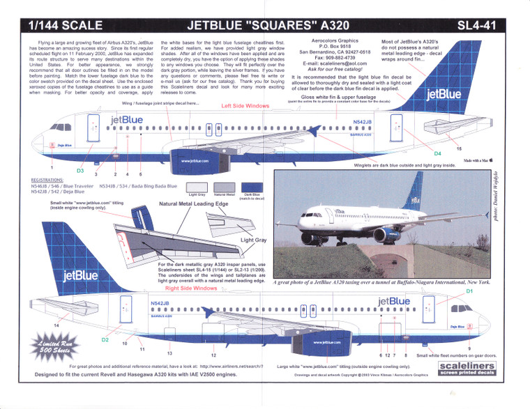 1/144 Scale Decal JetBlue A-320 Squares