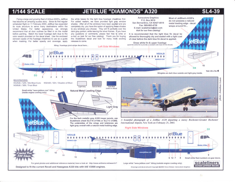 1/144 Scale Decal JetBlue A-320 Diamonds