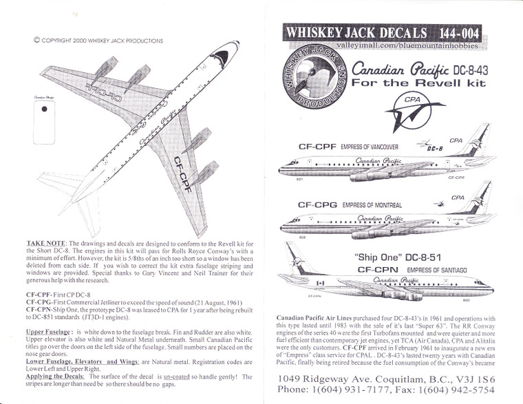 1/144 Scale Decal Canadian Pacific DC8-43