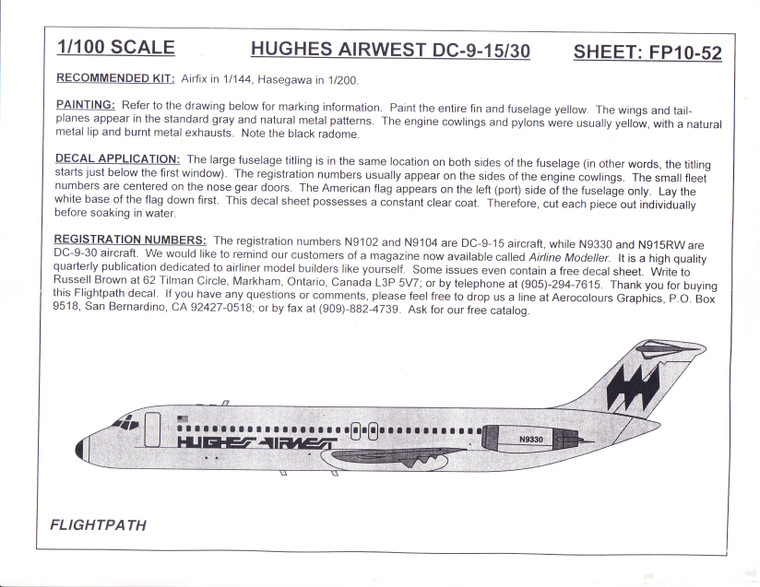 1/100 Scale Decal Hughes Airwest DC9-15 / 30