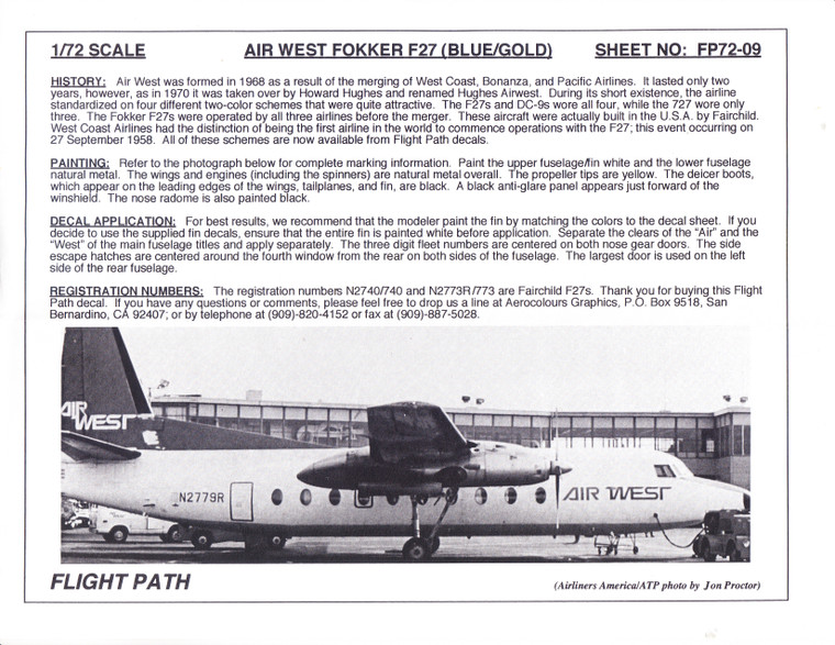 1/72 Scale Decal Air West F-27 BLUE / GOLD