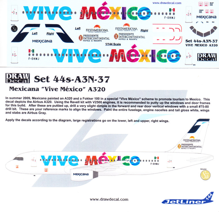 1/144 Scale Decal Mexicana A-320 VIVE MEXICO
