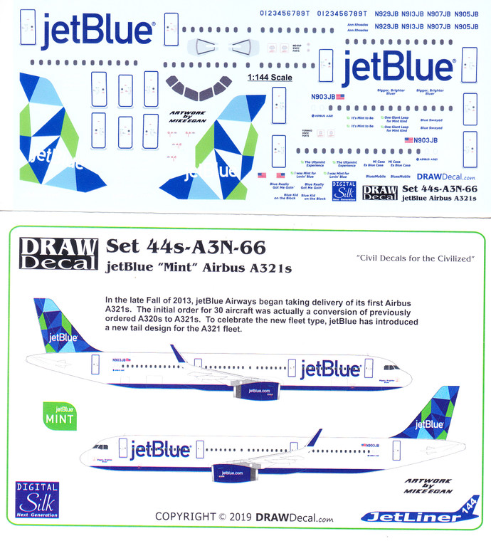 1/144 Scale Decal JetBlue A-321 MINT