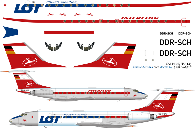 1/144 Scale Decal Interflug / LOT TU-134 FILM PROP