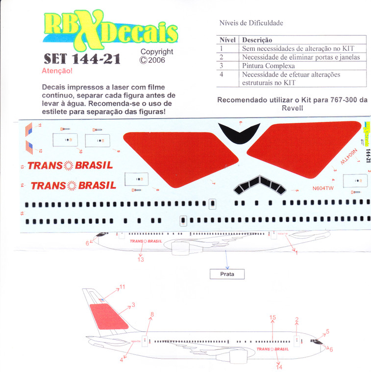 1/144 Scale Decal Trans Brasil 767-200