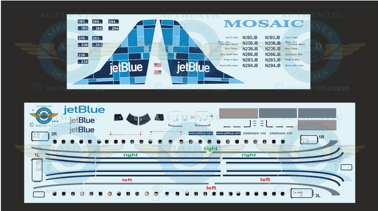 1/144 Scale Decal Jet Blue ERJ-190 MOSAIC With Lifelike Cockpit & Windows