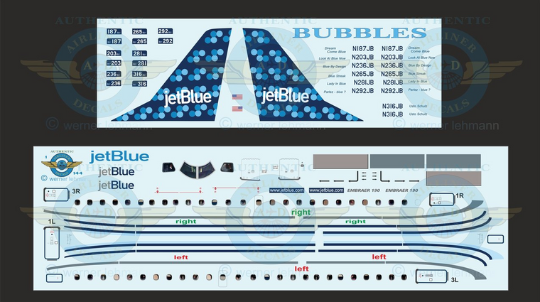 1/144 Scale Decal Jet Blue ERJ-190 BUBBLES With Lifelike Cockpit & Windows