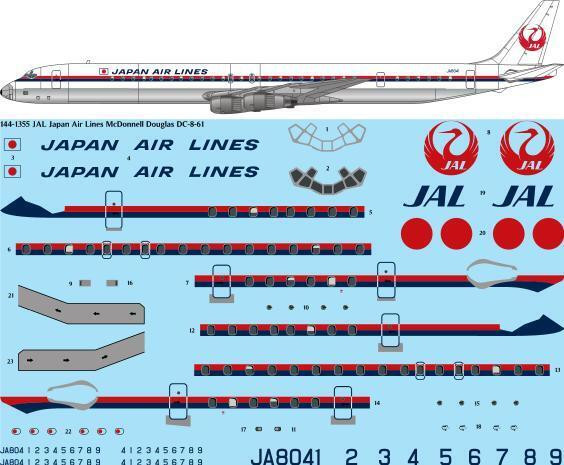 1/144 Scale Decal JAL Japan Air Lines DC8-61