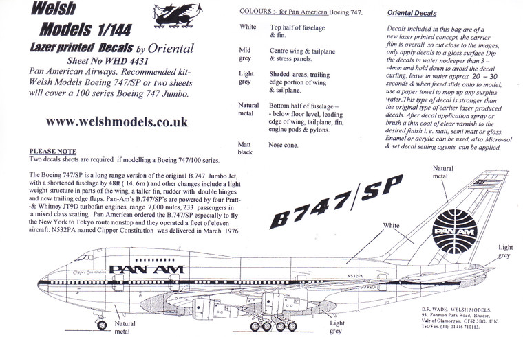 1/144 Scale Decal Pan Am 747-SP