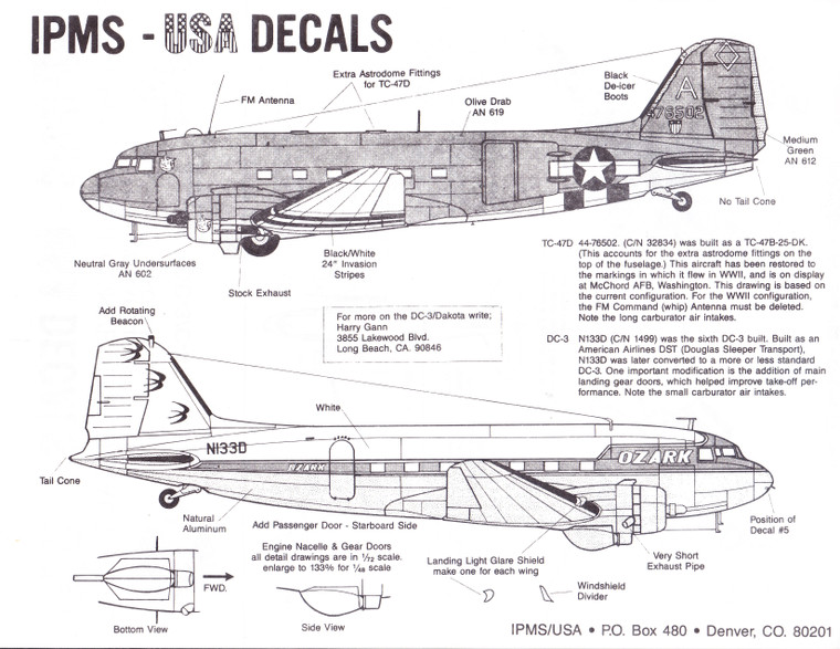 1/48 & 1/72 Scale Decal Ozark DC-3 / C-47