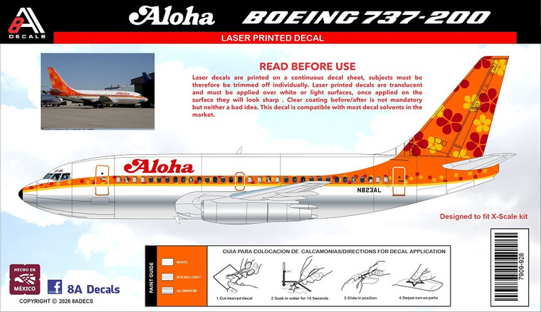 1/144 Scale Decal Aloha 737-200 FLOWERS for X Scale Kit