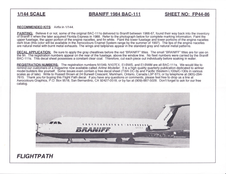 1/144 Scale Decal BRANIFF BAC-111 1984
