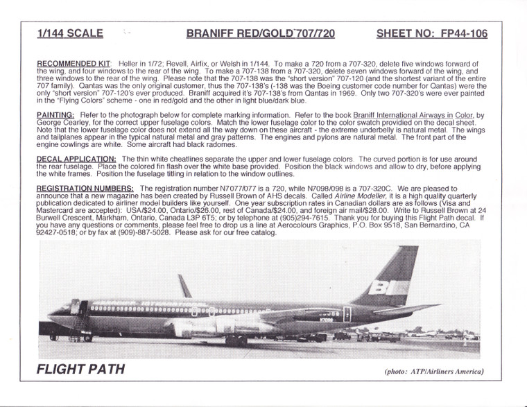 1/144 Scale Decal Braniff 707 / 720 Red & Gold
