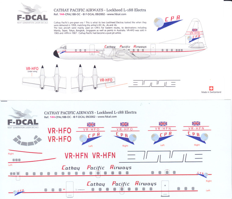 1/144 Scale Decal Cathay Pacific Electra
