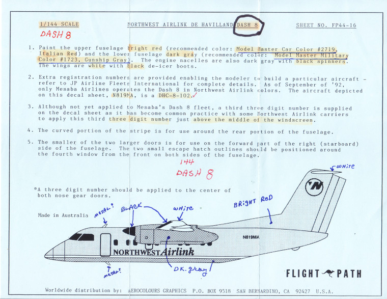 1/144 Scale Decal Northwest Airlink Dash 8