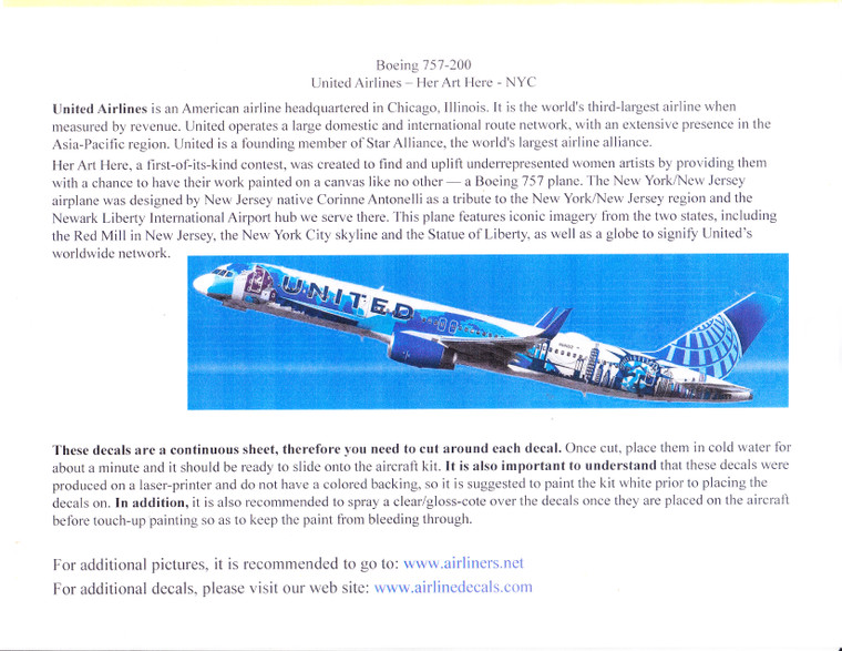1/144 Scale Decal United 757-200 I Heart New York