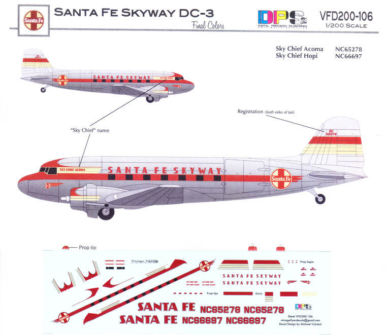 1/200 Scale Decal Santa Fe Skyway DC-3