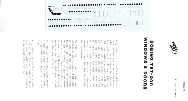 1/200 Scale Decal 757-200 Windows Doors Cockpit