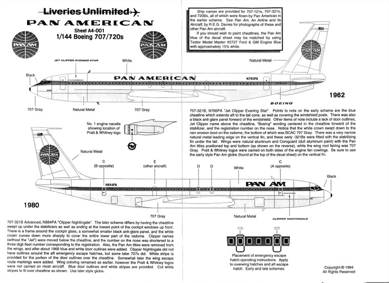 1/144 Scale Decal Pan American 707 / 720