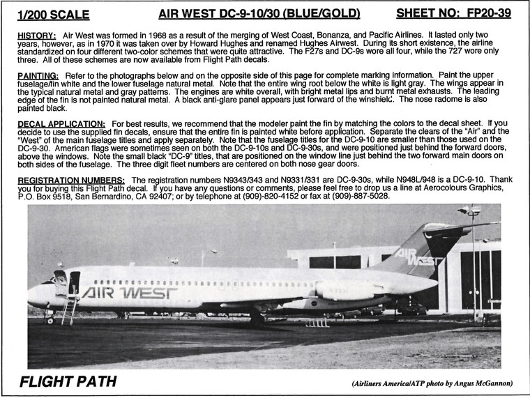 1/200 Scale Decal Air West DC9-10 / 30 BLUE / GOLD