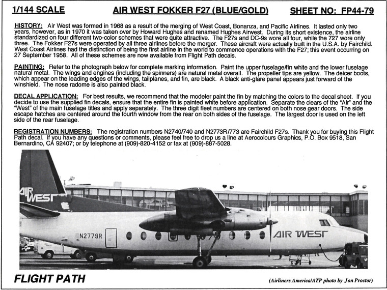1/144 Scale Decal Air West F-27 BLUE/GOLD