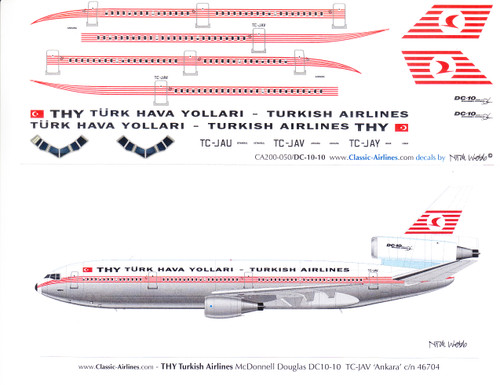 Turkish Airlines(トルコ航空) DC-10 1/200 模型 1/200 Scale Decal THY - Turkish Airlines DC10-10