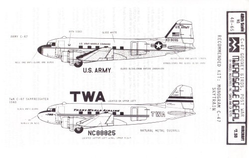 1/48 Scale Decal TWA / US Army C-47 - JoyDecals.com