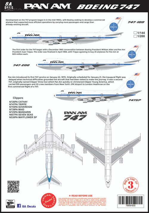 1/144 Scale Decal Pan Am 747-100 / 200 / SP