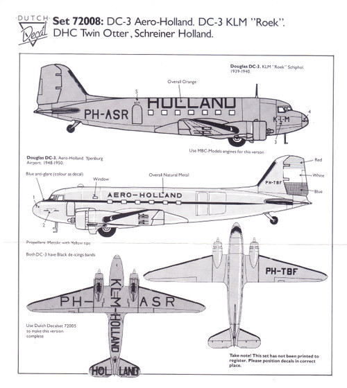 1/72 Scale Decal Aero-Holland DC-3 / Schreiner DHC-6 Twin Otter
