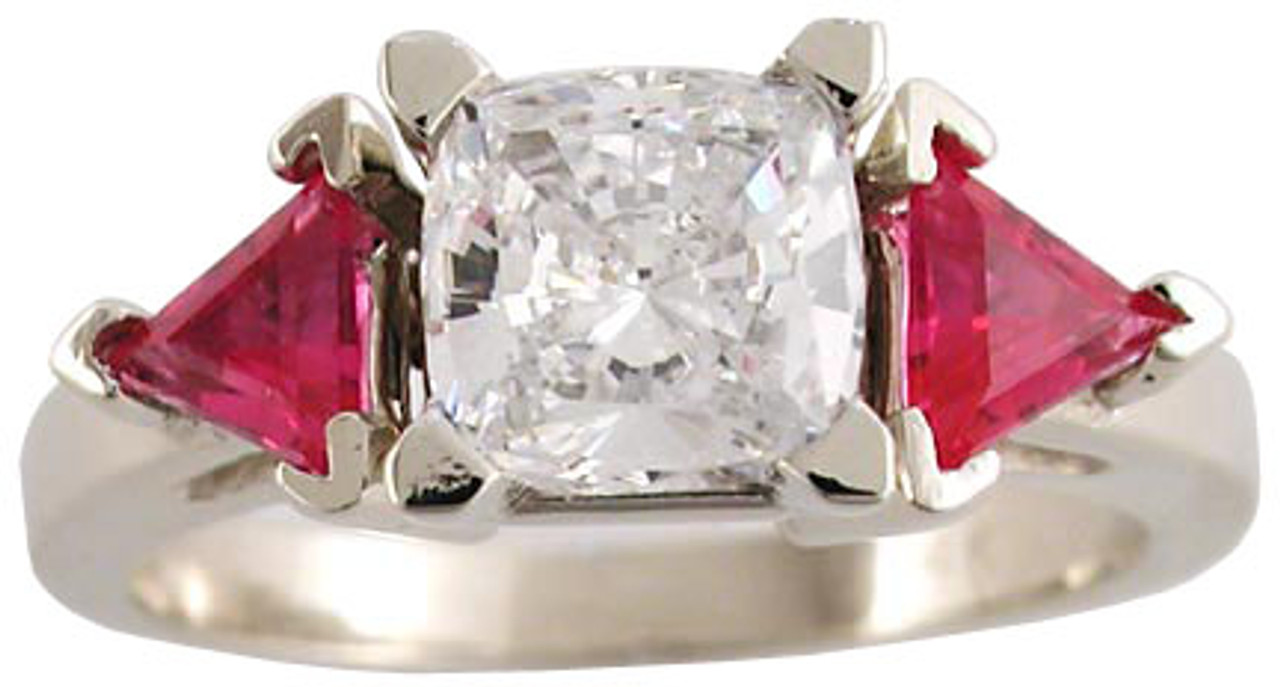 1 Carat Cushion Cut Three Stone Ring W Ruby Tri Side Stones In 14