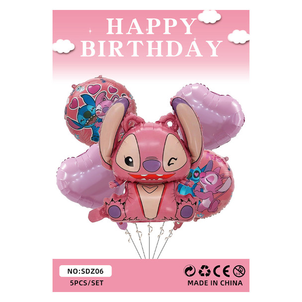 Pink Stitch themed helium balloons bouquet 5pc
