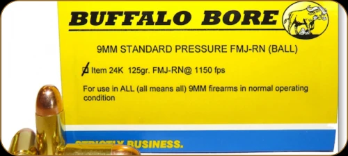 Buffalo Bore - 9mm Luger - 125 Gr - Standard Pressure - Full Metal Jacket Round Nose Ball - 20ct - 24K