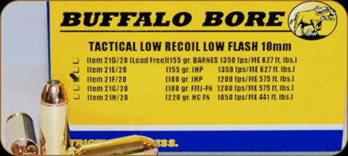 Buffalo Bore - 10mm Auto - 180 Gr - Tactical Low Recoil Low Flash - Jacketed Hollow Point - 20ct - 21F